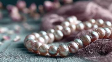 Elegant pink pearls arranged on a soft fabric background with delicate petals scattered around at a stylish display photo