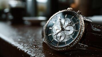 Luxury watch glistens under raindrops on a wooden table in a cozy cafe during a rainy afternoon photo