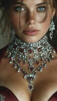 Elegant woman wearing intricate jewelry in a close-up portrait with captivating eyes and soft features photo