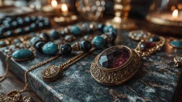 Intricate gold and gemstone jewelry displayed on a textured surface with delicate lighting photo