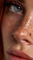Close-up of a person with freckles and piercings showcasing natural beauty and unique facial features in a simple setting photo