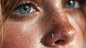Close-up of a young woman with freckles and a nose piercing against a soft background photo