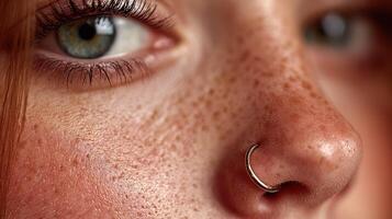 Close-up of a young person with piercing and expressive features, showcasing natural beauty and unique style in bright lighting photo