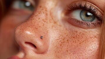 Close-up of a young woman with beautiful freckles and a nose piercing in natural light, showcasing her striking features and deep blue eyes photo