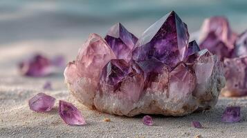 Amethyst crystal cluster shines under sunlight on sandy beach during calm day photo
