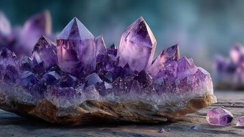 Stunning display of amethyst crystals glistening under soft light in an artistic arrangement on a textured surface photo