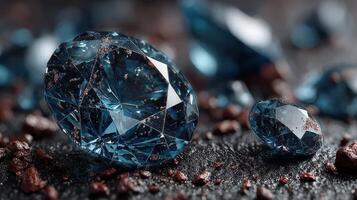 Exquisite blue gems scattered on a textured dark surface, showcasing intricate facets and reflections of light photo