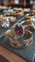 Exquisite gold rings adorned with colorful gemstones displayed on a wooden surface in an elegant jewelry shop photo