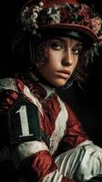 Jockey in racing attire with flowers on helmet preparing for a race at a dark stable photo