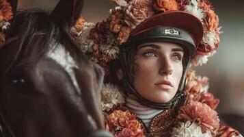Competitor adorned with flowers and an elegant helmet stands beside a horse in a vibrant equestrian event at sunset photo