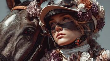 Equestrian competitor adorned with floral decorations gazes alongside her horse during an afternoon event photo