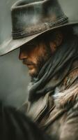 Western cowboy in a rugged hat with a somber expression captures the essence of frontier life on a cloudy day photo