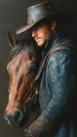 Rider in a blue coat stands with horse, showcasing bond and strength in a dramatic and artistic portrayal against a dark background photo