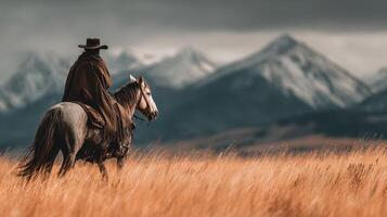 Rider on a horse gazing at snow-capped mountains in a golden grass landscape during cloudy weather photo