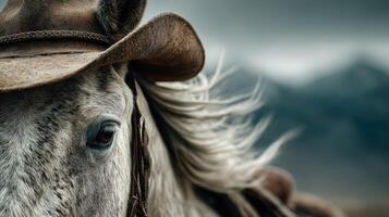 Close-up of horse with flowing mane, wearing cowboy hat against mountainous backdrop during cloudy day photo