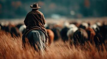 Cowboy herding horses across a vast landscape during golden hour in a serene countryside setting photo