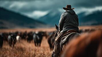 Cowboy herding cattle on horseback in a vast open field near snow-capped mountains during a dramatic cloudy day photo