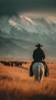 Cowboy herding cattle in a golden landscape under a cloudy sky during sunset in a mountainous region photo