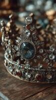 Intricate vintage crown with sparkling gemstones displayed on a wooden surface photo