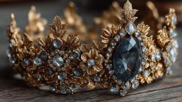 Ornate golden crown with gemstones displayed on a rustic wooden surface photo