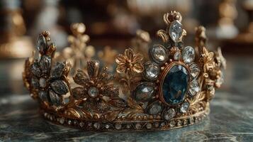 Ornate crown featuring intricate floral designs and a large blue gem displayed on a marble surface photo