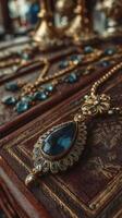 Intricate jewelry displayed on a wooden surface with rich textures and sparkling gemstones from a market in the afternoon light photo