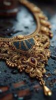 Exquisite gold necklace showcasing intricate craftsmanship with detailed patterns and dark accents on a wet surface photo