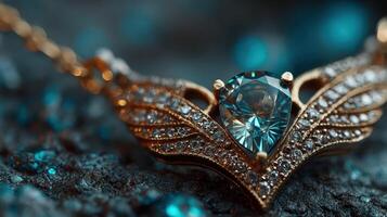 Elegant necklace featuring a blue gemstone and intricate design displayed against a shimmering background photo