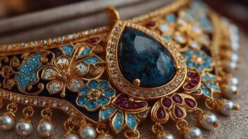 Beautiful traditional jewelry necklace adorned with gemstones and intricate designs photo