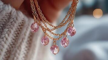 Elegant jewelry piece with pink gemstones showcased in a cozy setting during winter photo