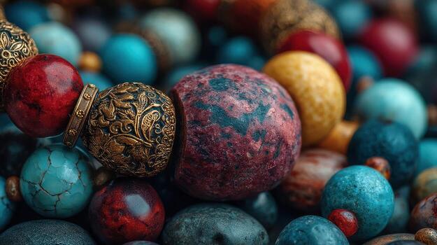 Unique bead display featuring colorful stones and intricate designs in a creative art setting photo