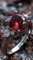 Stunning ruby and diamond ring on textured surface showcasing elegance and luxury in jewelry design photo