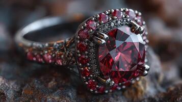 Intricately designed ring featuring a large red gemstone surrounded by smaller stones on a textured surface photo