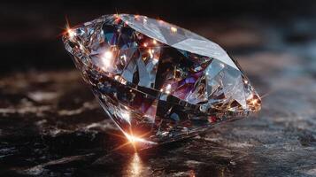 Sparkling diamond on a dark surface reflecting light and showcasing brilliance in detail photo