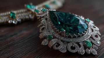 Exquisite emerald and diamond jewelry detail showcasing intricate design and craftsmanship on a wooden surface photo