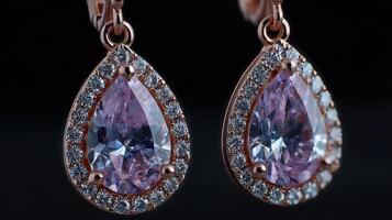 Elegant rose gold earrings featuring sparkling purple gemstones and intricate design details photo