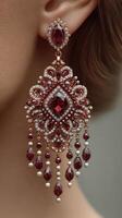 Elegant red gemstone earrings showcased on a model in a neutral setting with delicate lighting for a stunning effect photo