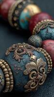 Intricate metallic and ceramic beads showcasing traditional craftsmanship in a close-up view photo