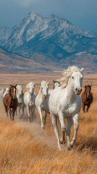 manada de salvaje caballos corriendo mediante alto césped en contra un fondo de montañas debajo un claro azul cielo foto