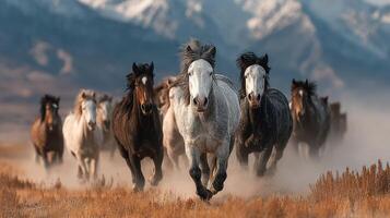 Running wild horses in the mountain landscape at sunrise capturing a moment of untamed beauty photo