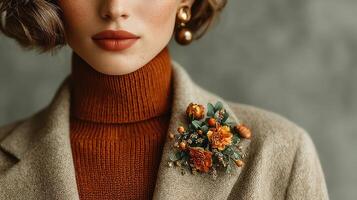 Elegant female model showcasing autumn fashion with floral brooch and textured sweater in a serene setting photo