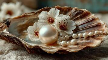 Delicate pearl nestled in a beautiful shell with flowers arranged elegantly on a soft fabric photo