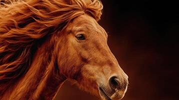 Majestic chestnut horse with flowing mane captured in a dramatic setting evoking strength and beauty at golden hour photo