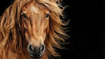 Stunning close-up of a horse showcasing its flowing mane against a dark background during golden hour photo