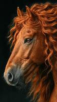Majestic chestnut horse with flowing mane showcases beauty and strength in a close-up portrait photo