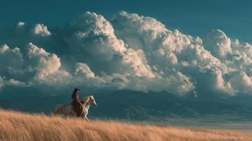 Majestic rider on a white horse traversing golden grasslands beneath dramatic clouds at sunset photo