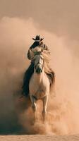 Cowboy rides gallantly on a white horse through swirling dust on an open terrain under a dusky sky during sunset photo