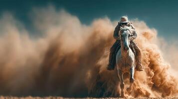 Horseman galloping through sandstorm at dusk in a desert landscape photo