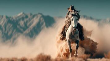 Galloping through dust, a cowboy rides a powerful horse across a rugged landscape at sunset photo