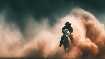 Enthusiastic rider gallops through dusty terrain during sunset, showcasing horse riding skills and connection with nature photo